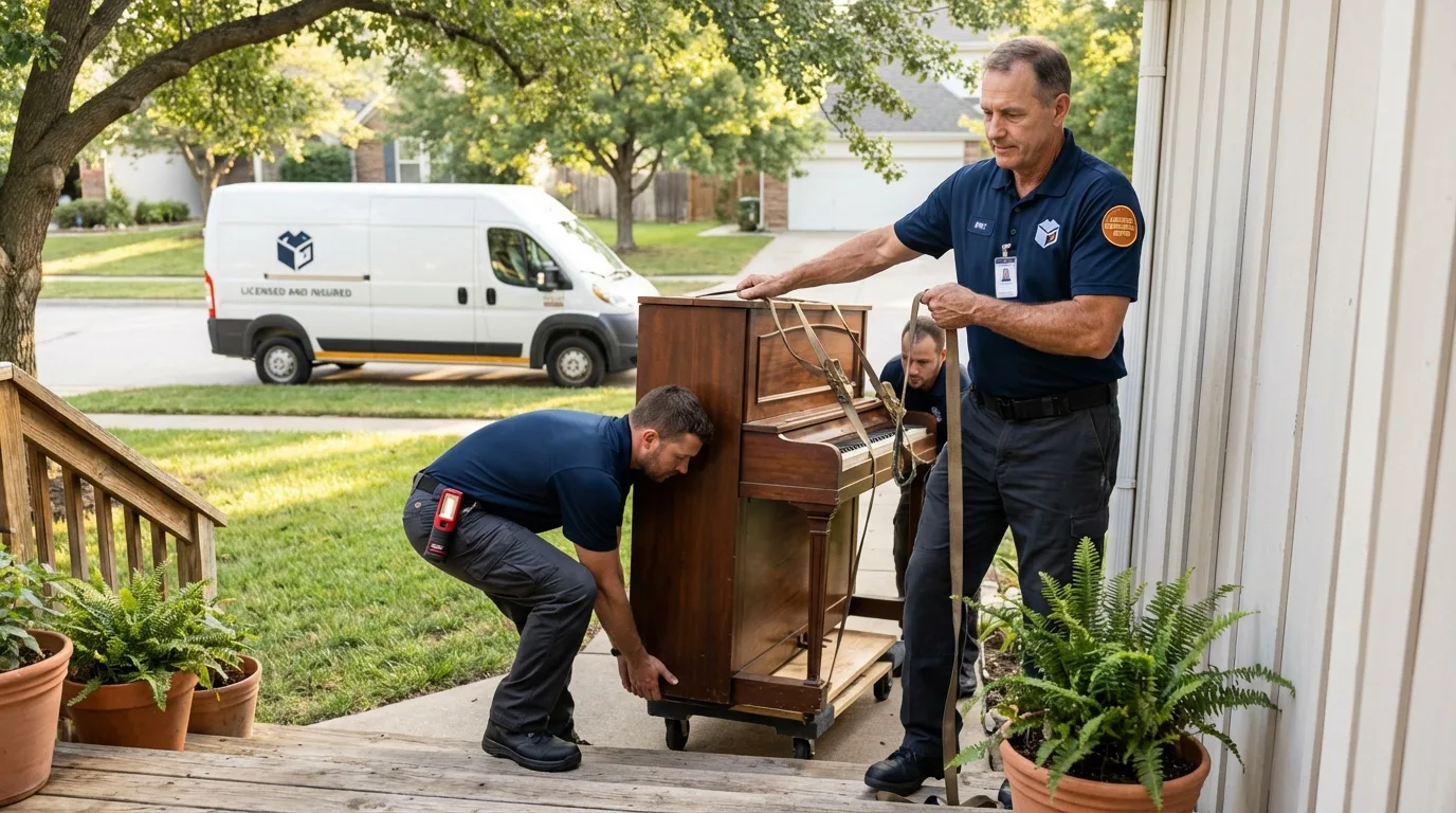 Licensed piano movers securing grand piano in Blanchester, OH