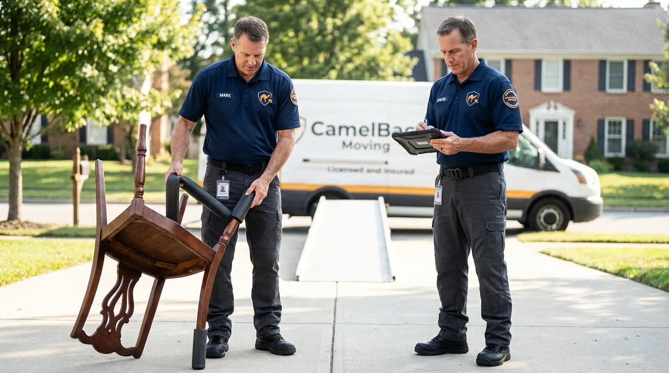 Movers inspecting furniture for damage prevention before loading in Blanchester, OH