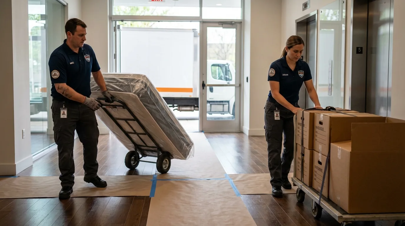 Professional apartment movers loading elevator in Blanchester, OH